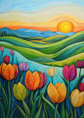 Sunset Tulips Landscape