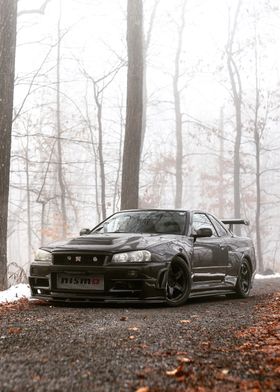 Black Nissan Skyline R34 in Forest