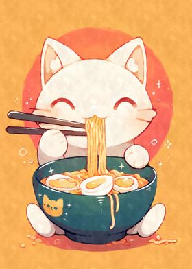 Cute Cat Eating Ramen