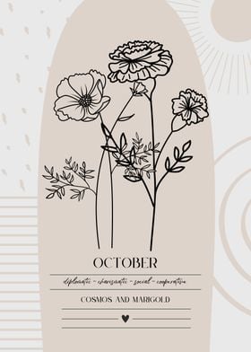 October Birth Flower Cosmos Marigold Print