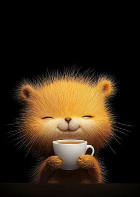 Cute Fuzzy Creature with Coffee