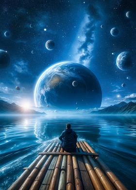 Man on Raft in Cosmic Sea