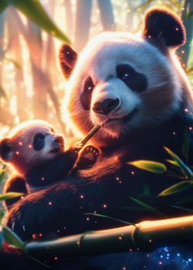 Panda Family in Bamboo Forest