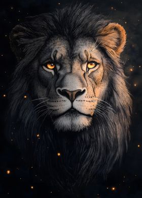 Lion Portrait with Glowing Lights