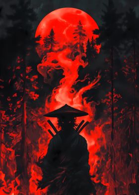 Samurai in Red Moon Forest