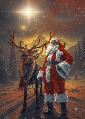 Santa and Reindeer in Snowy Landscape