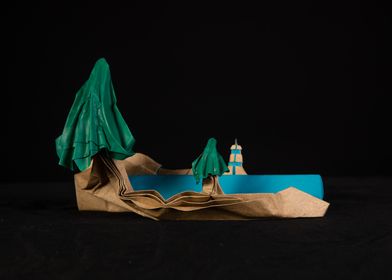 Origami Landscape with trees and a lighthouse