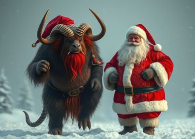 Santa claus walking with krampus in snowy woods