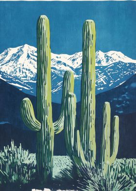 Saguaro Cactus and Snowy Mountains