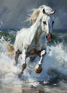 White Horse Running Through Waves