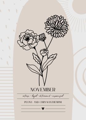 November Birth Month Flower Peony ChrysanthemumIllustration