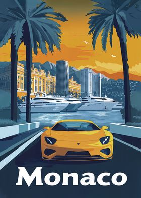 Monaco Cityscape with Sports Car Poster