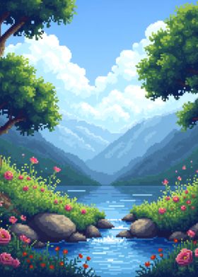 Pixel Art Mountain Lake