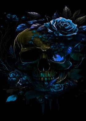 Skull with Blue Roses