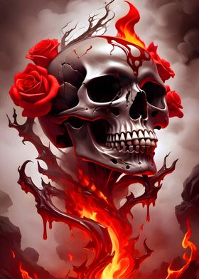 Flaming Skull with Roses