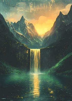 Mountain Waterfall Sunset