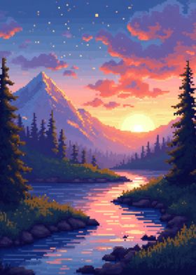 Pixel Sunset Landscape