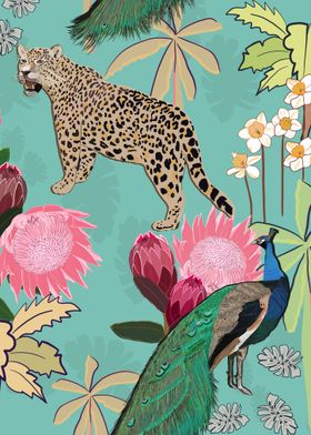 Leopard, Peacock, and Flowers