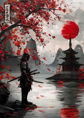 Japanese Samurai Red Moon painting