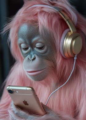 Pink Hair Orangutan with Headphones