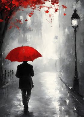 Rainy Cityscape with Red Umbrella