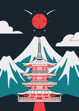 White Japanese Pagoda & Fujiyama Mountain