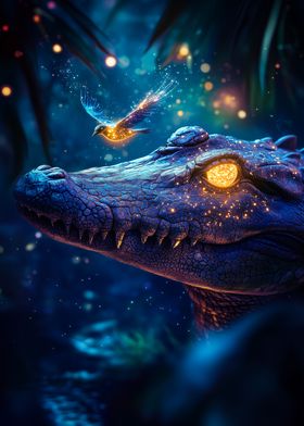 Crocodile and Bird in Night Forest