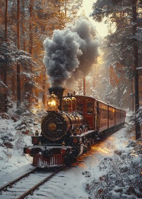 Steam Train in Winter Forest