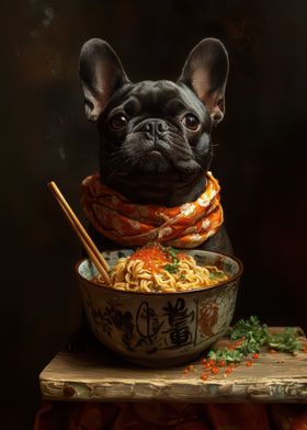 French Bulldog Eating a Bowl of Ramen