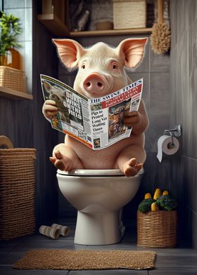 Pig Reading Newspaper on Toilet