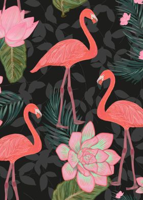 Hand drawn flamingos with lotus flowers