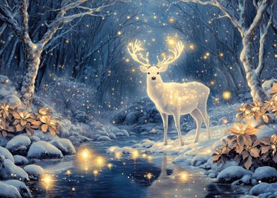 White Deer in Snowy Forest