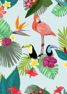 Colorful tropical flowers toucan