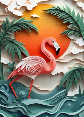 3D Paper Flamingo Sunset Paper Art