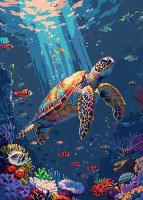 Sea Turtle Underwater Pixel Art