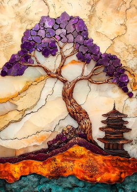 Mosaic Copper Tree and Pagoda