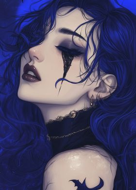 Blue Haired Woman with Bat Tattoo