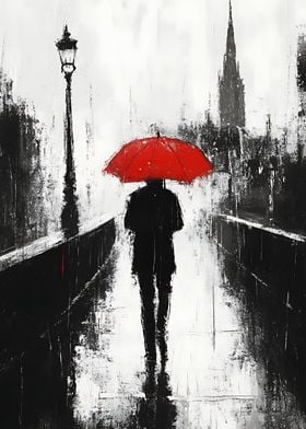 Red Umbrella in the Rain