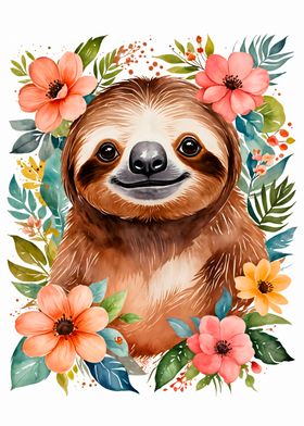 Sloth Flowers Watercolor