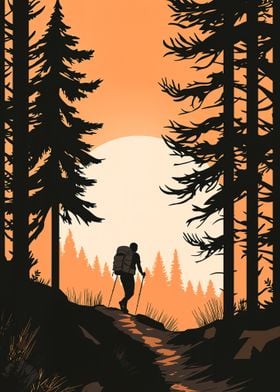 Hiker in Sunset Forest