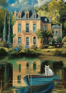 Cat in a Boat by a French Chateau