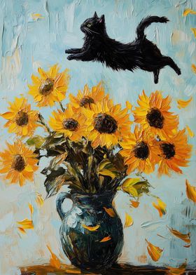 Black Cat and Sunflowers