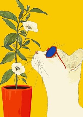 Cat with Sunglasses and Plant