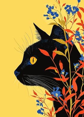 Black Cat with Flowers