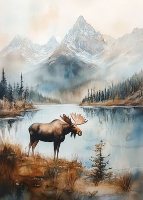 Moose in Mountain Landscape Watercolor