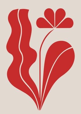 Mid Century Modern Minimalist Red Floral Abstract