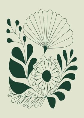 Green Folk Floral Line Art Illustration