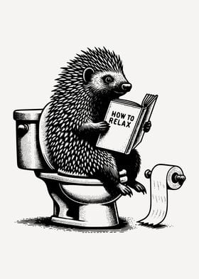 Funny Hedgehog Reading on Toilet Bathroom Art