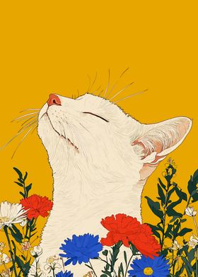 White Cat with Flowers