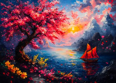 Sunset Sailboat with Cherry Blossoms